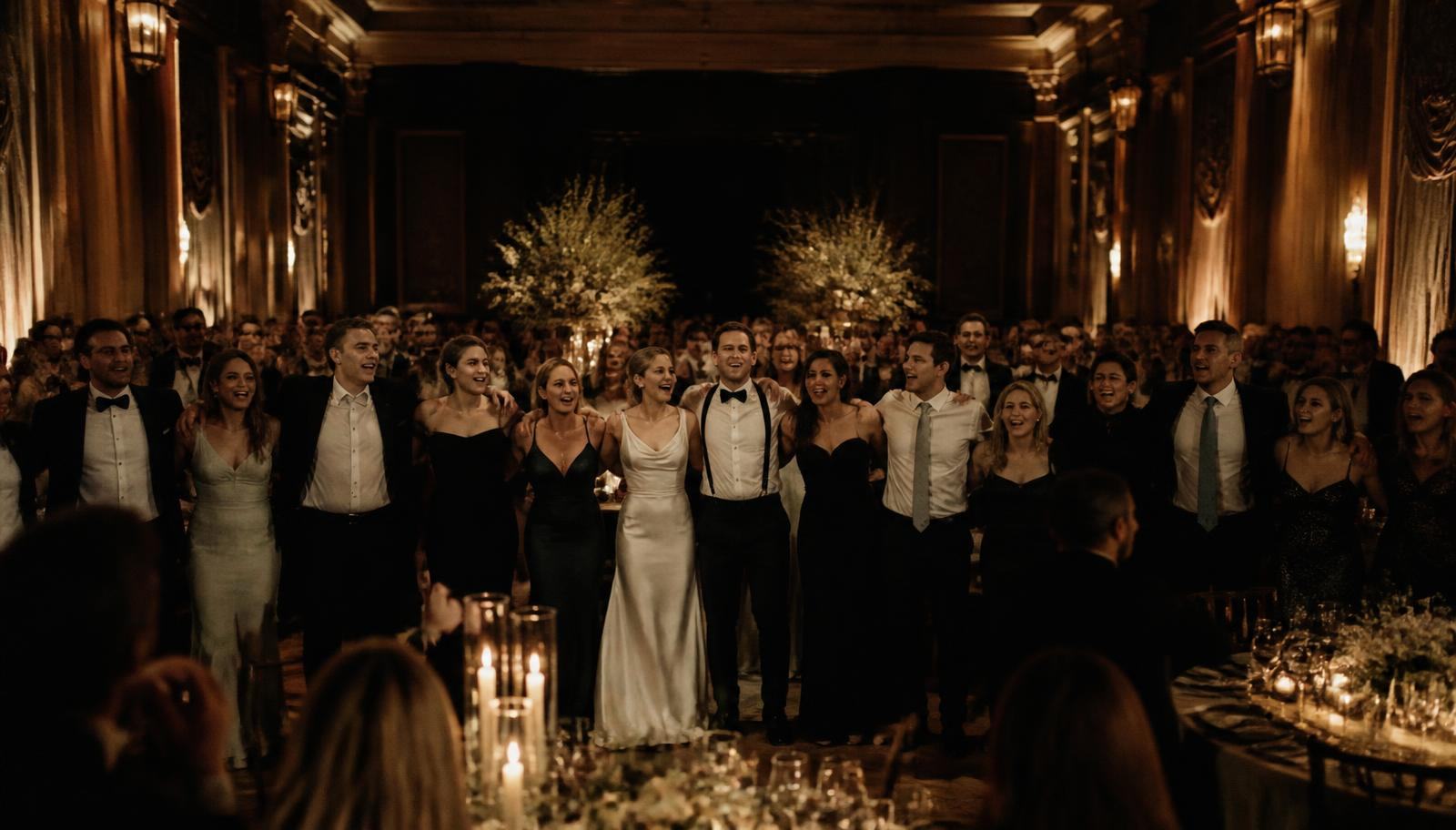 Wspólne śpiewanie gości w eleganckiej sali weselnej